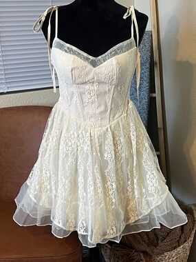 Ivory Lace Babydoll Dress with Sheer Overlay